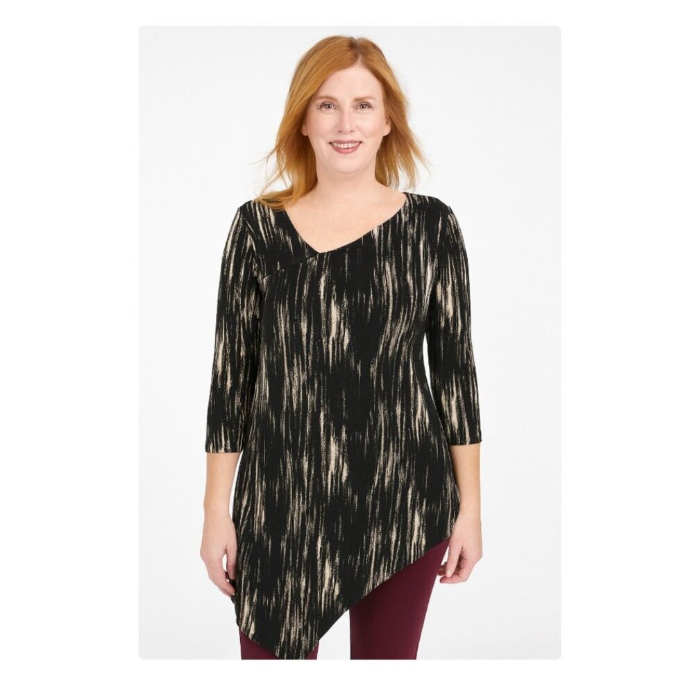 Sympli Shirt Womens Large Black White Asymmetrical Hem Tunic 3/4 Sleeve Abstract